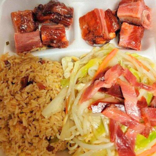 BBQ sparerib dinner with pork chow mein and pork fried rice