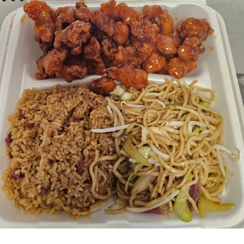 Sweet and sour chicken dinner with pork chow mein and pork fried rice