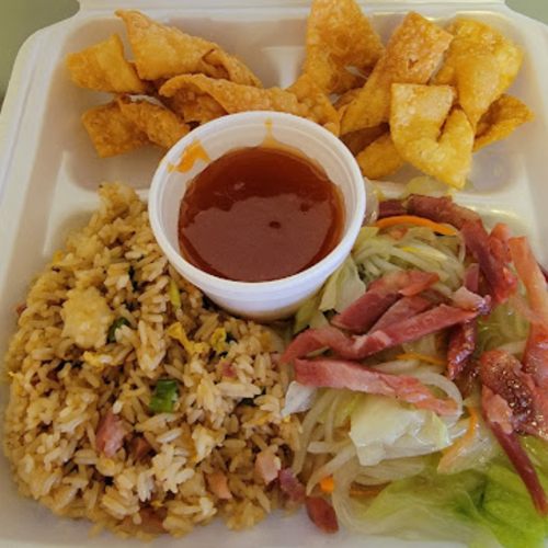 Fried won ton dinner with pork chow mein and pork fried rice
